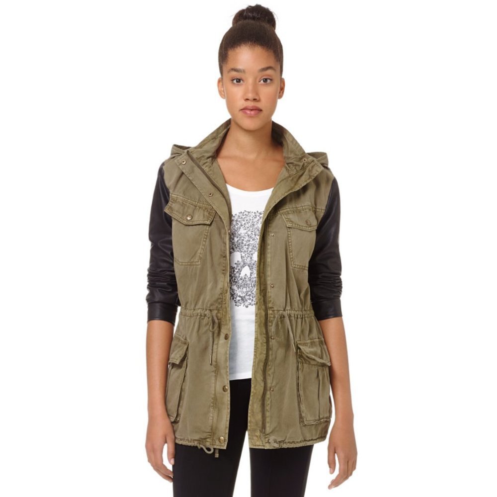ARITZIA | TALULA TROPER ARMY UTILITY FAUX LEATHER SLEEVE JACKET - Picture 1 of 16